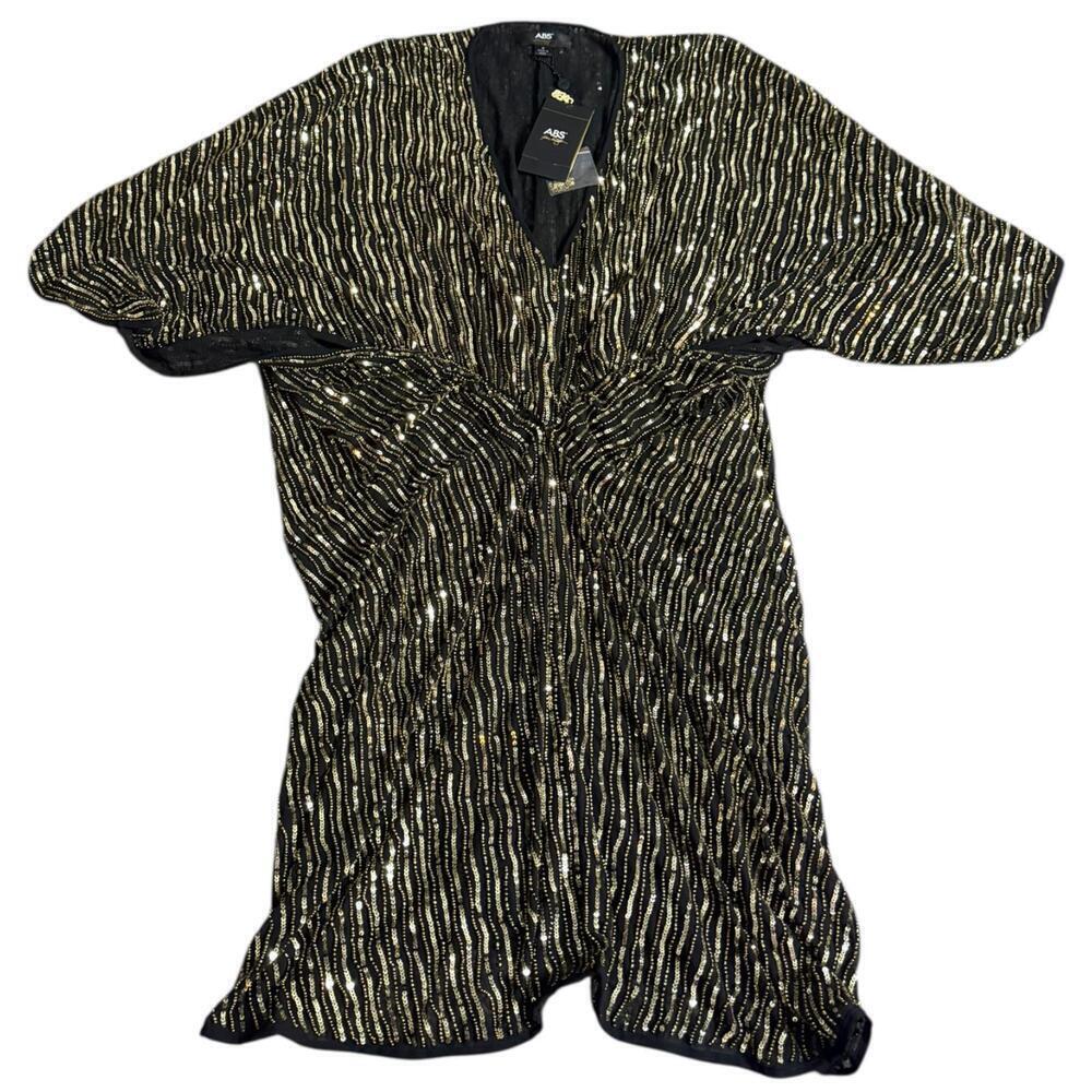 ABS Gold Sequin Shirred V-Neck Black Cocktail Dress Size 8 NWT